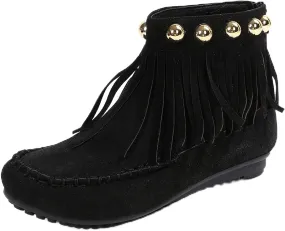 Ankle Boots for Women Low Heel Moccasins Fringe Retro Suede Leather Tassel Studded Moccasins Comfy Non Slip Shoes
