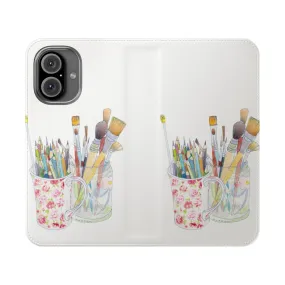 Artistic Flip Cover Phone Case with Pencils and Brushes
