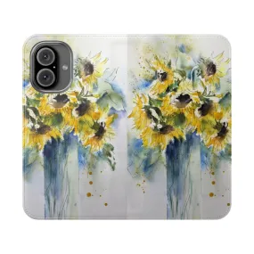 Artistic Watercolor Sunflower Flip Cover Phone Case for iPhone and Samsung Galaxy