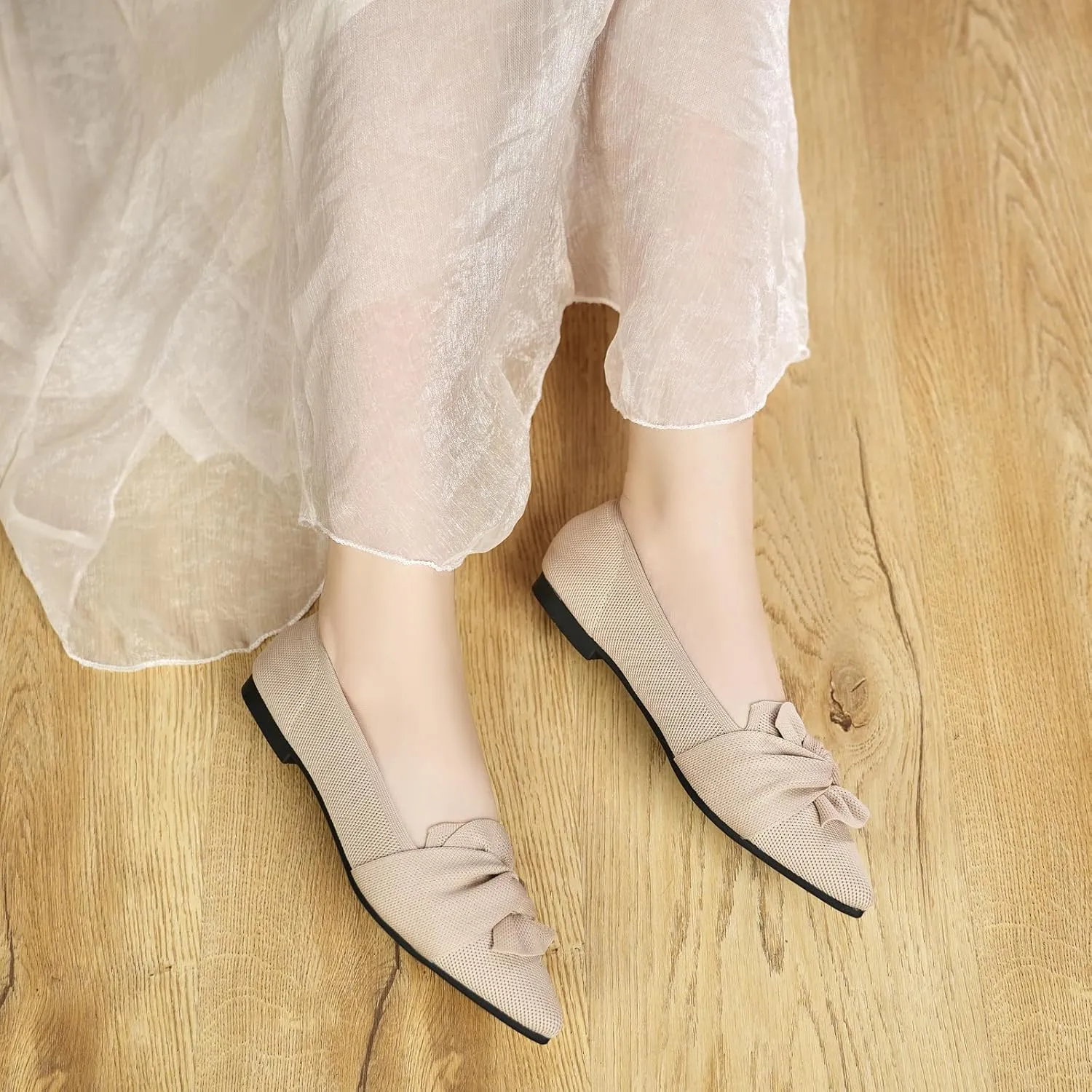 Flats for Womens Pointed Toe Ballet Flats with Bow Comfortable Knit Dressy Flats