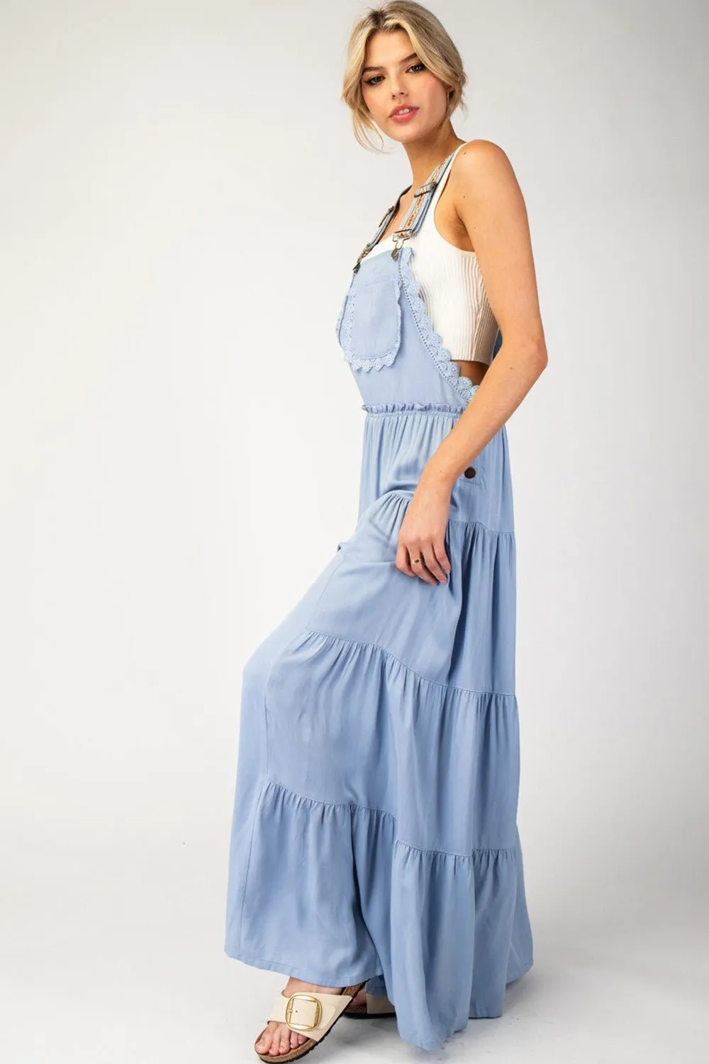Free Spirit Lace Trim Wide Leg Overalls LIGHT BLUE