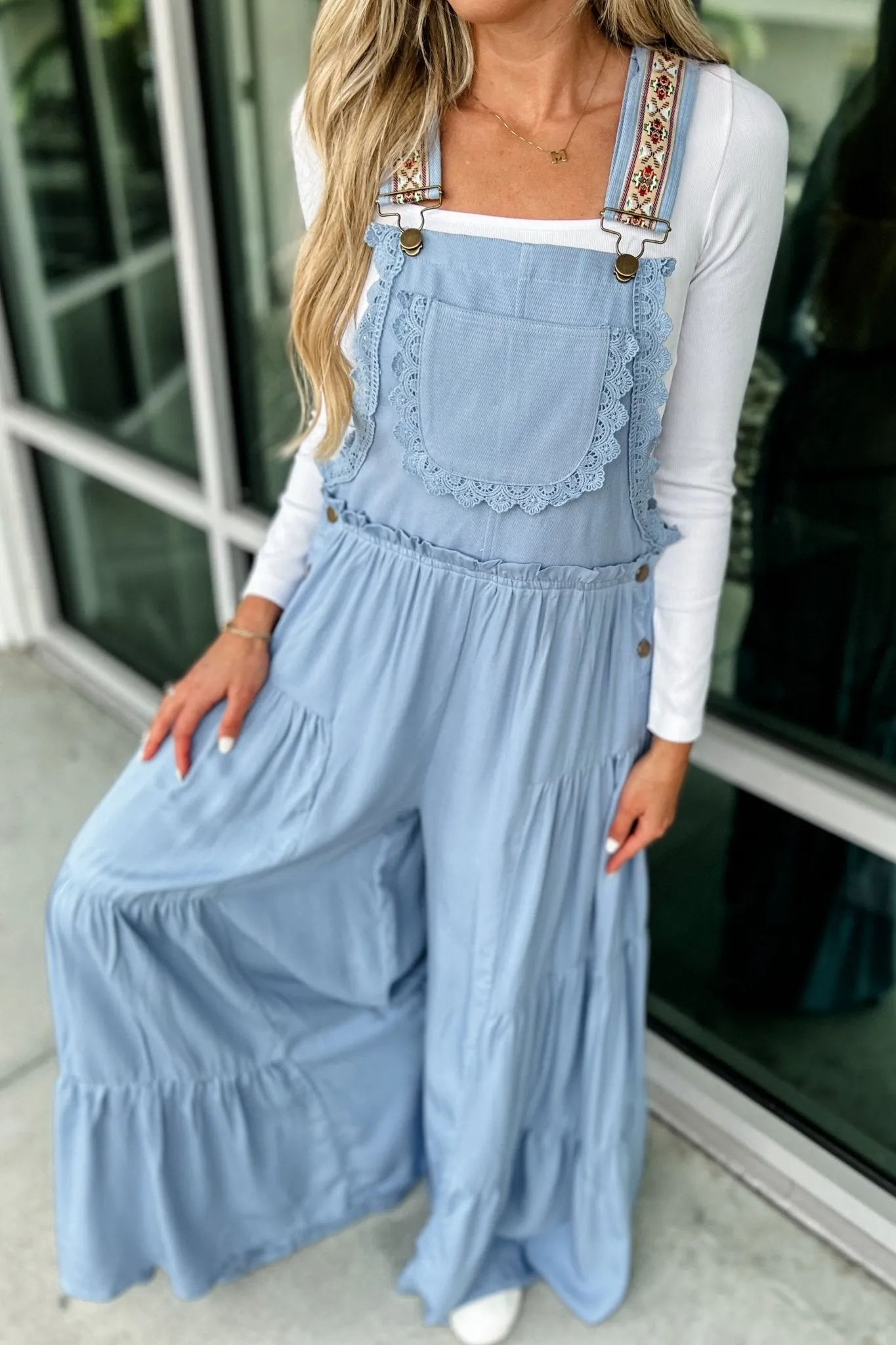 Free Spirit Lace Trim Wide Leg Overalls LIGHT BLUE