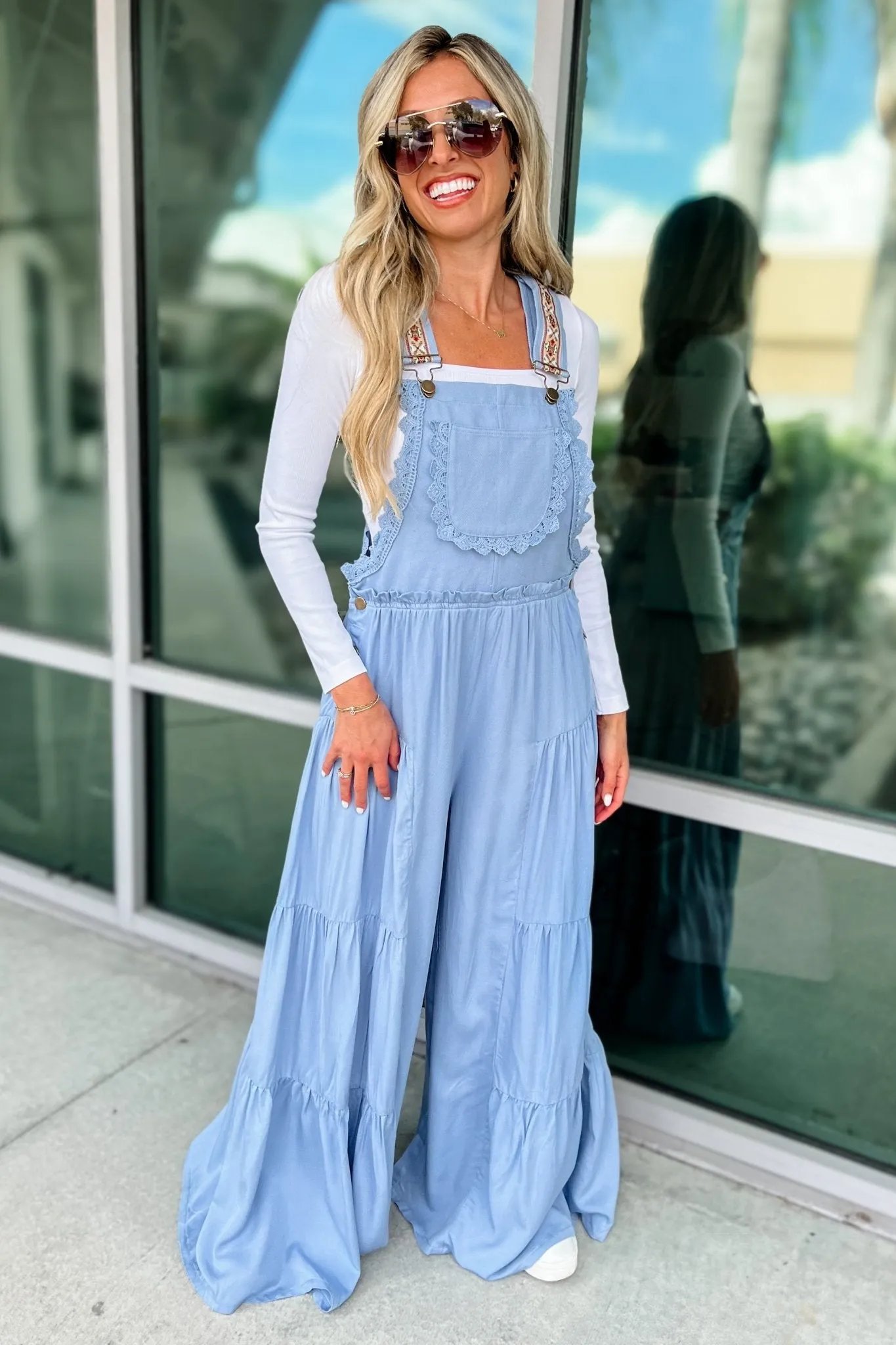 Free Spirit Lace Trim Wide Leg Overalls LIGHT BLUE