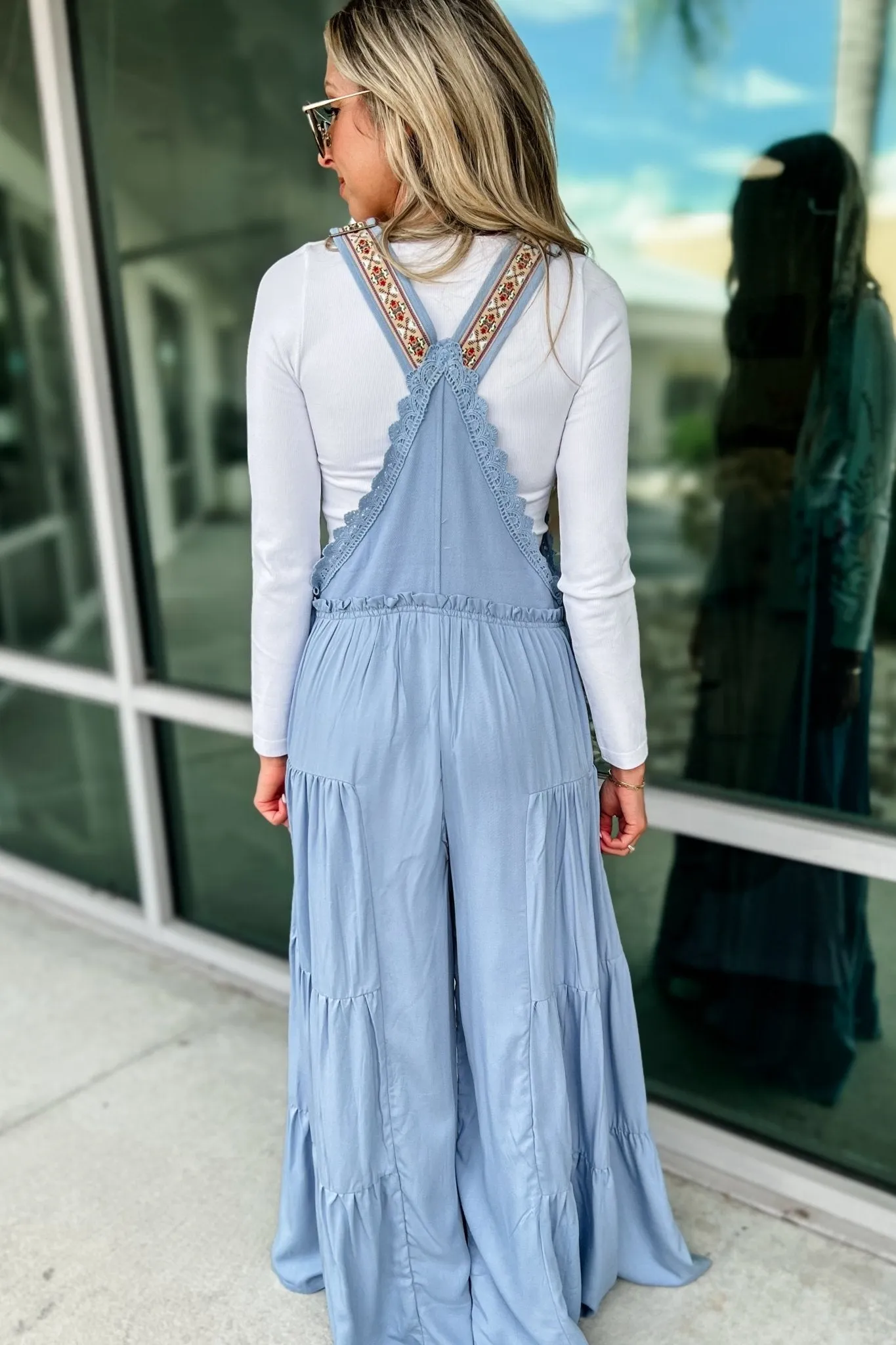 Free Spirit Lace Trim Wide Leg Overalls LIGHT BLUE