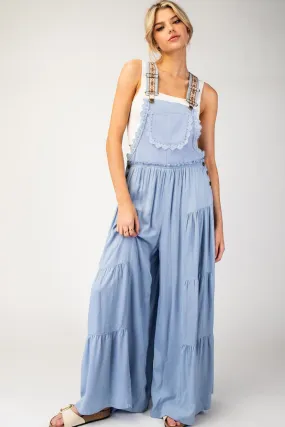 Free Spirit Lace Trim Wide Leg Overalls LIGHT BLUE