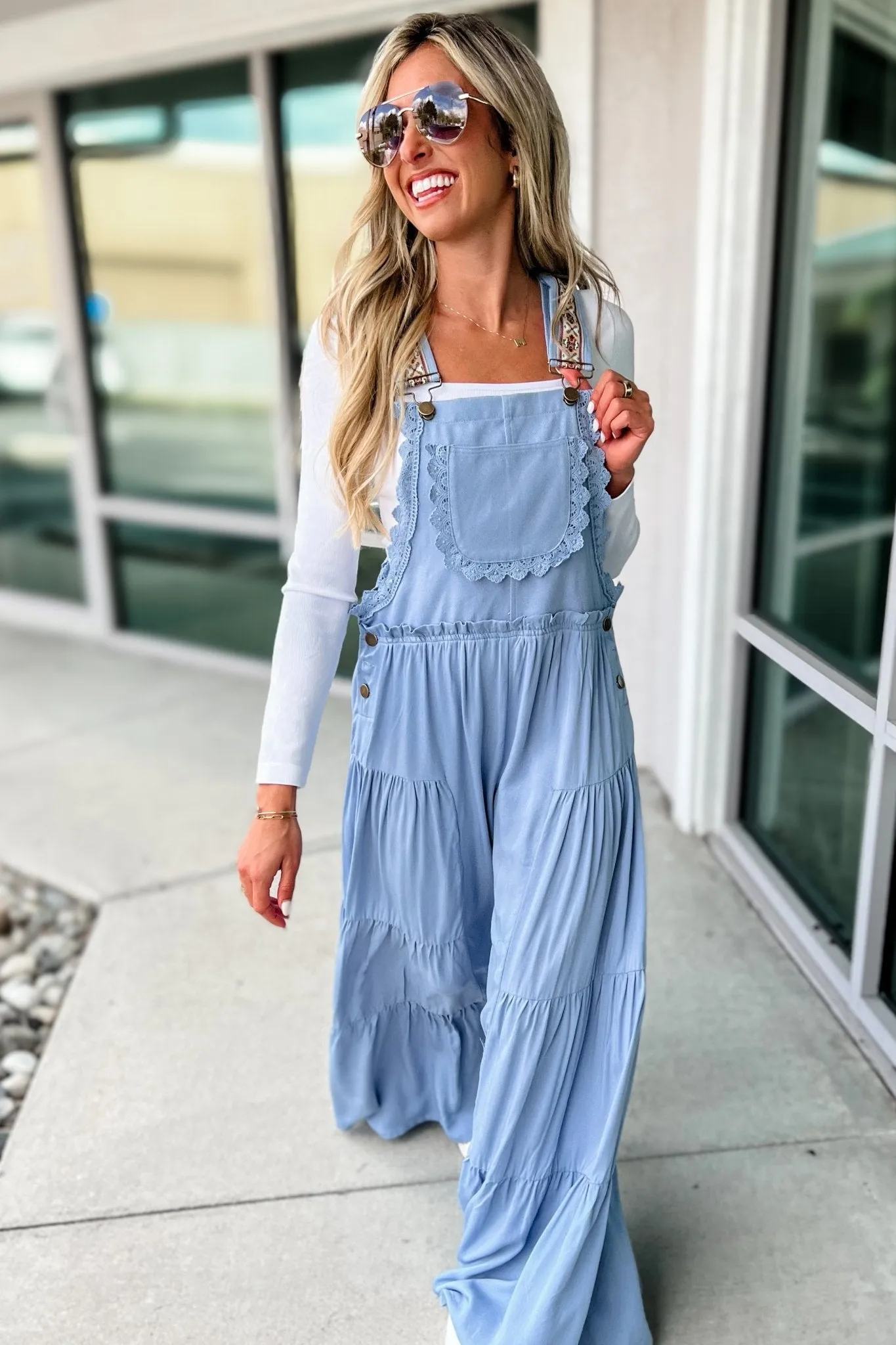Free Spirit Lace Trim Wide Leg Overalls LIGHT BLUE