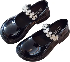 Girl's Mary Jane Dress Shoes Toddler Leather Ballet Flat with Rhinestone Strap for Party Wedding School Prom