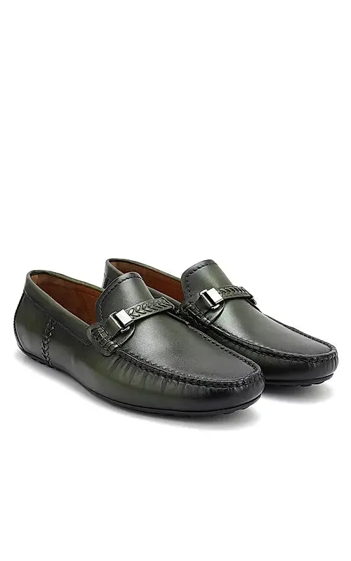 Green Leather Moccasins With Panel