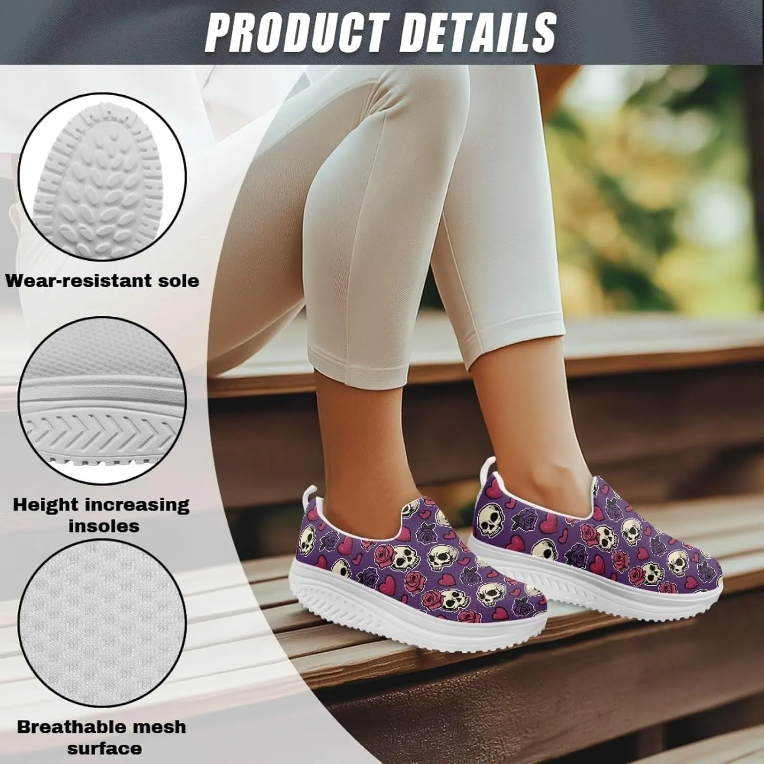 Jeiento Womens Platform Sneakers Lightweight Comfort Athletic Shoes Skull Pattern Walking Jogging Tennis Footwear