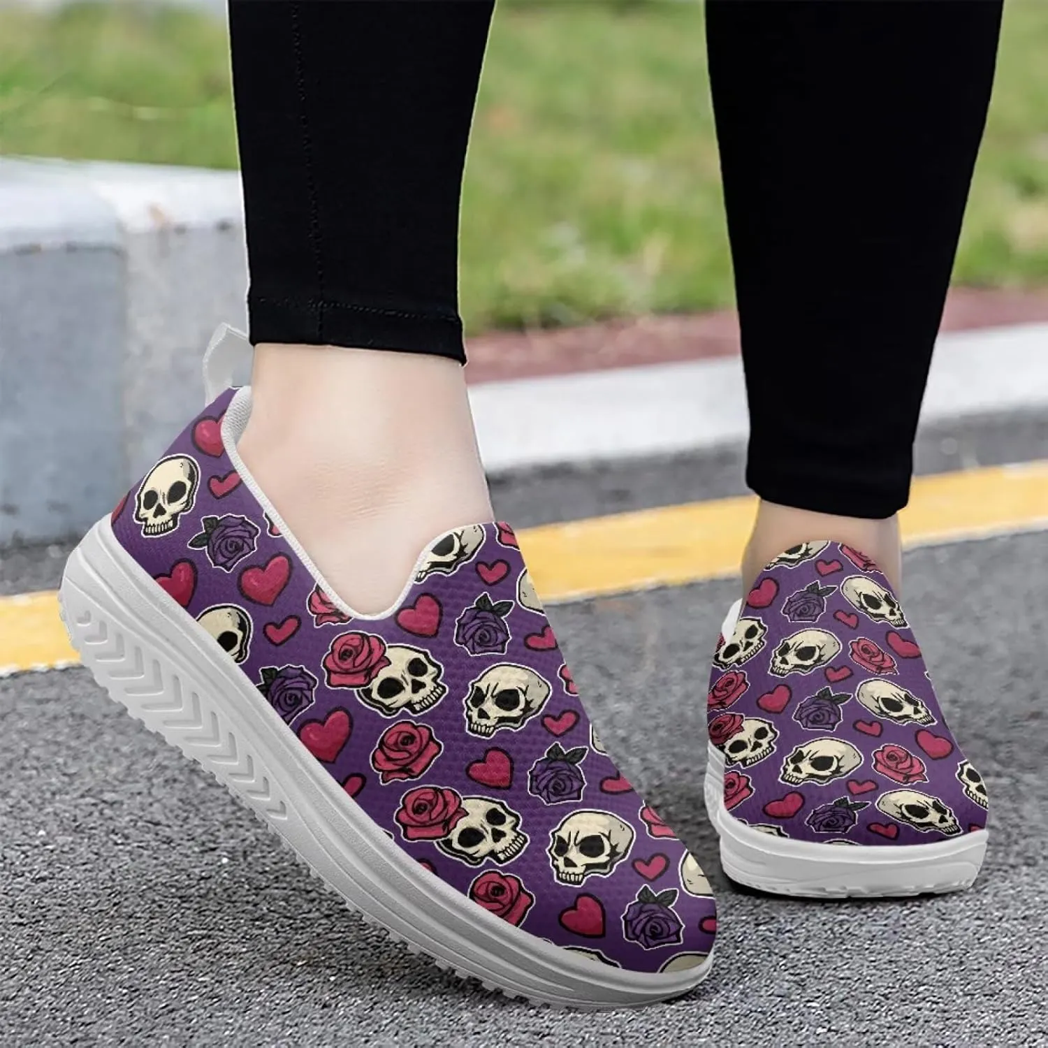 Jeiento Womens Platform Sneakers Lightweight Comfort Athletic Shoes Skull Pattern Walking Jogging Tennis Footwear