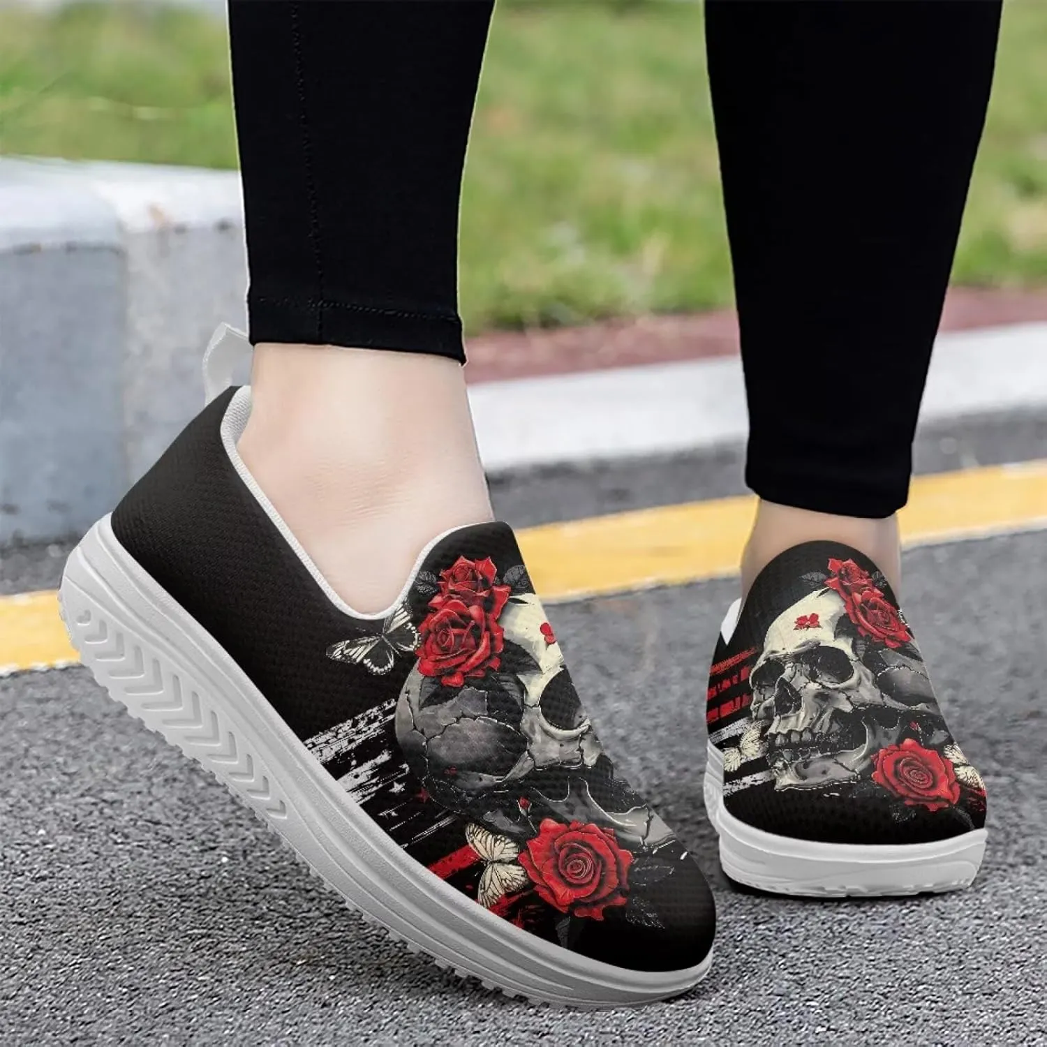 Jeiento Womens Platform Sneakers Lightweight Comfort Athletic Shoes Skull Pattern Walking Jogging Tennis Footwear