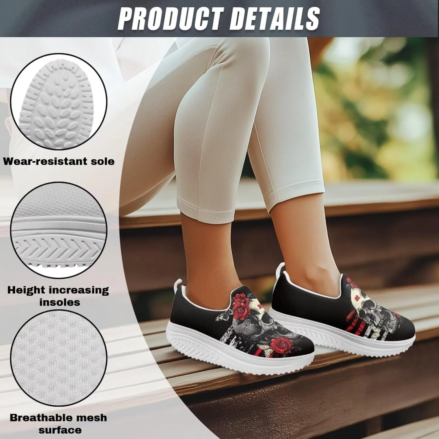 Jeiento Womens Platform Sneakers Lightweight Comfort Athletic Shoes Skull Pattern Walking Jogging Tennis Footwear