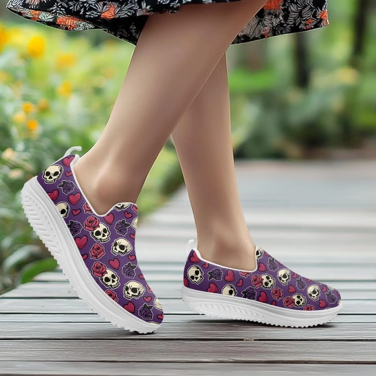 Jeiento Womens Platform Sneakers Lightweight Comfort Athletic Shoes Skull Pattern Walking Jogging Tennis Footwear