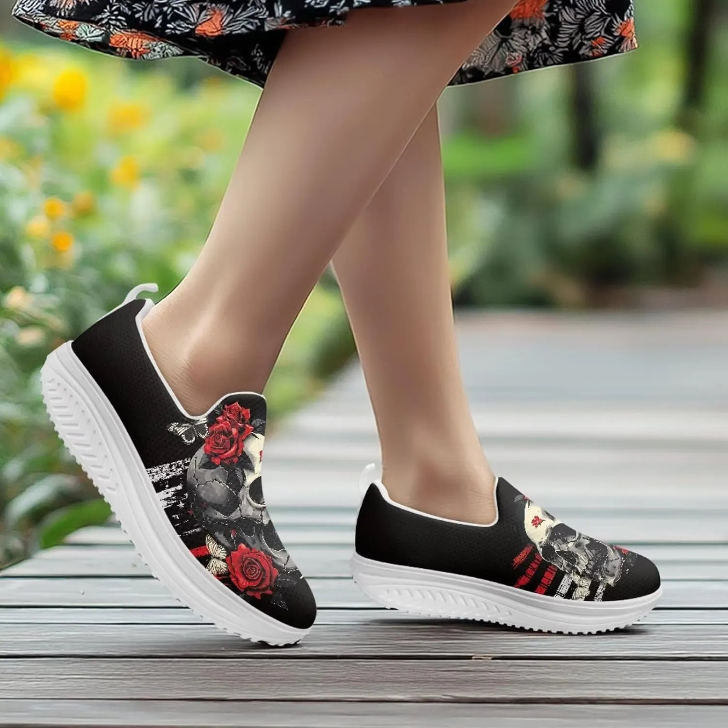 Jeiento Womens Platform Sneakers Lightweight Comfort Athletic Shoes Skull Pattern Walking Jogging Tennis Footwear