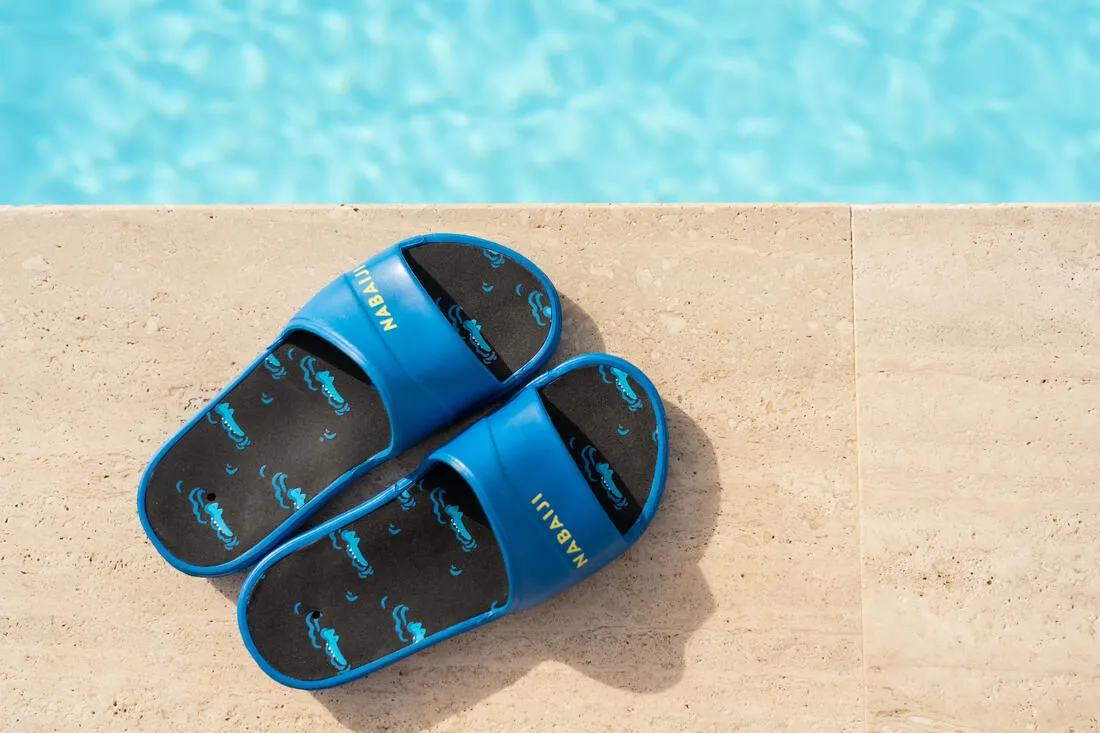 Kids Pool Sandals SLAP 500 Blue Black Crocodile PRINT