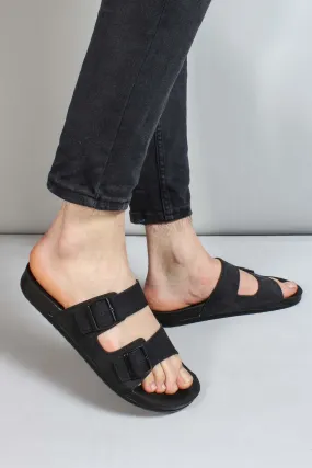 Men's Black Double-Strap Slide Sandals with Adjustable Buckles - Wessi