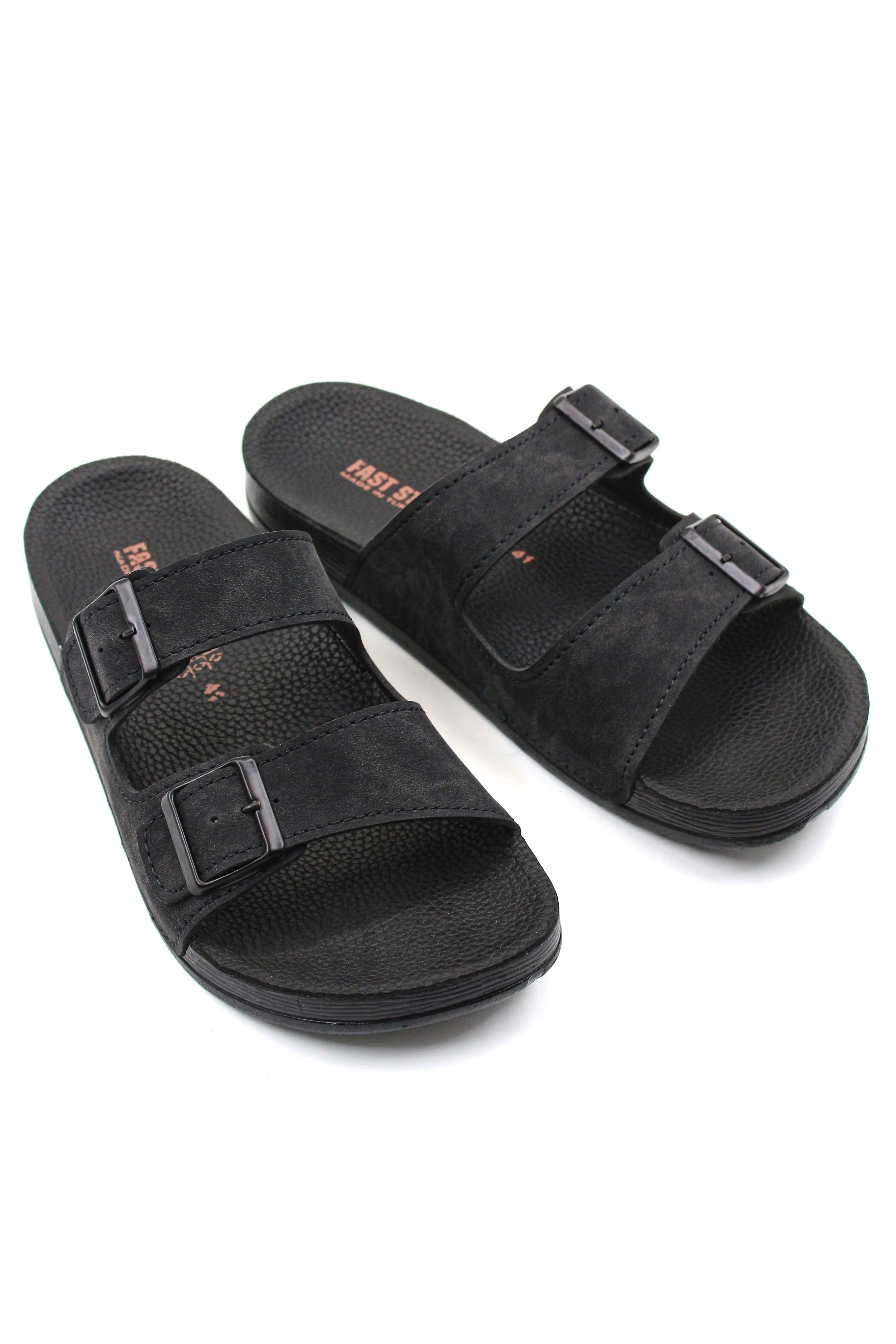 Men's Black Double-Strap Slide Sandals with Adjustable Buckles - Wessi