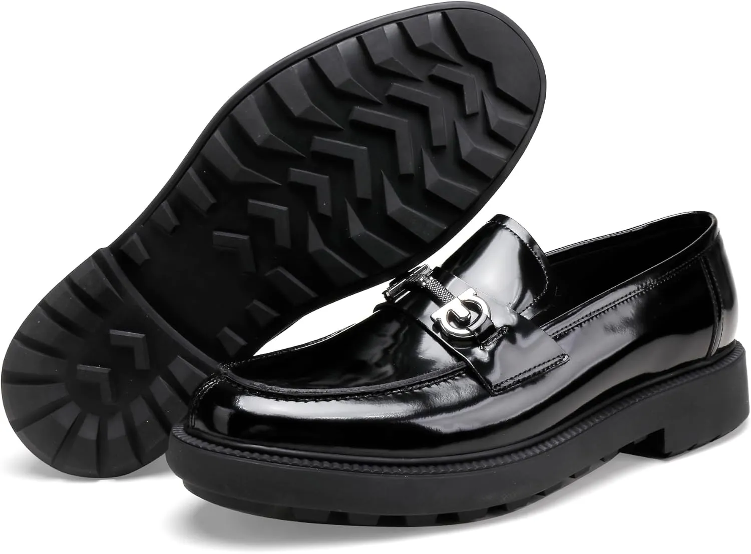 Mens Casual Leather Black Dress Loafer Shoes, Fashion Classic Buckle Slip-on Penny Party Shoes Wedding Loafers for Mens