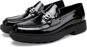 Mens Casual Leather Black Dress Loafer Shoes, Fashion Classic Buckle Slip-on Penny Party Shoes Wedding Loafers for Mens
