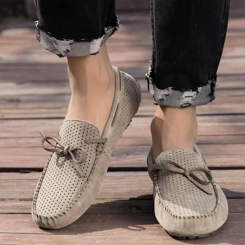 Men's Loafers Breathable Perforated Faux Leather Moccasins Driving Shoes Flat Heel Anti-Slip Lightweight Prom Slip On