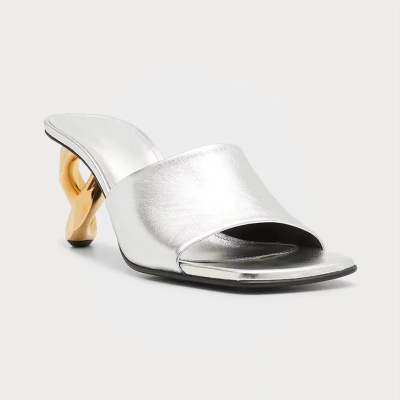 New Versatile Square-Toe Open-Toe Asymmetric Heels Sandals