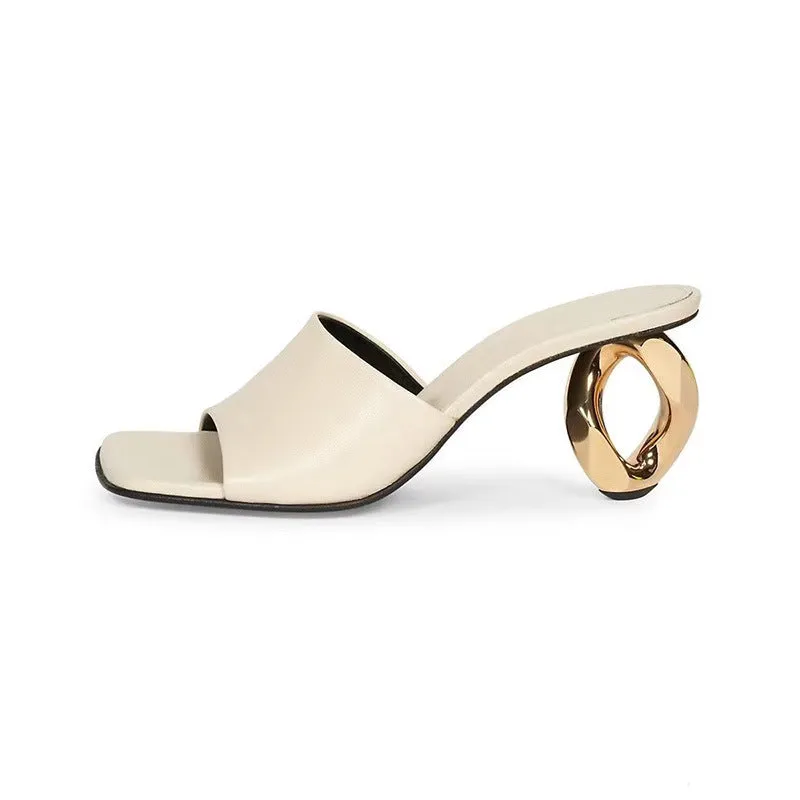 New Versatile Square-Toe Open-Toe Asymmetric Heels Sandals