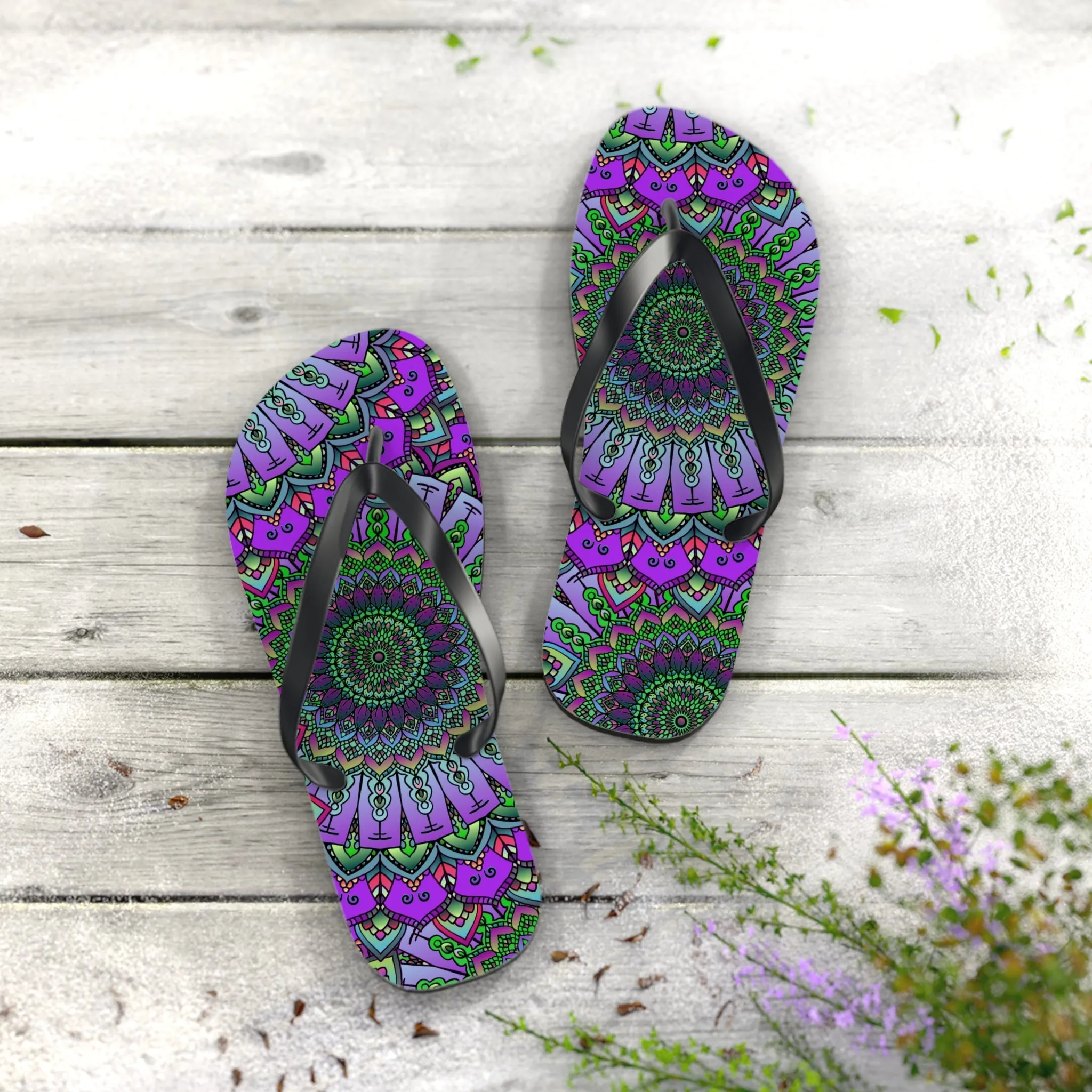Purple & Green Mandala Flip Flops - Serene Bohemian Style