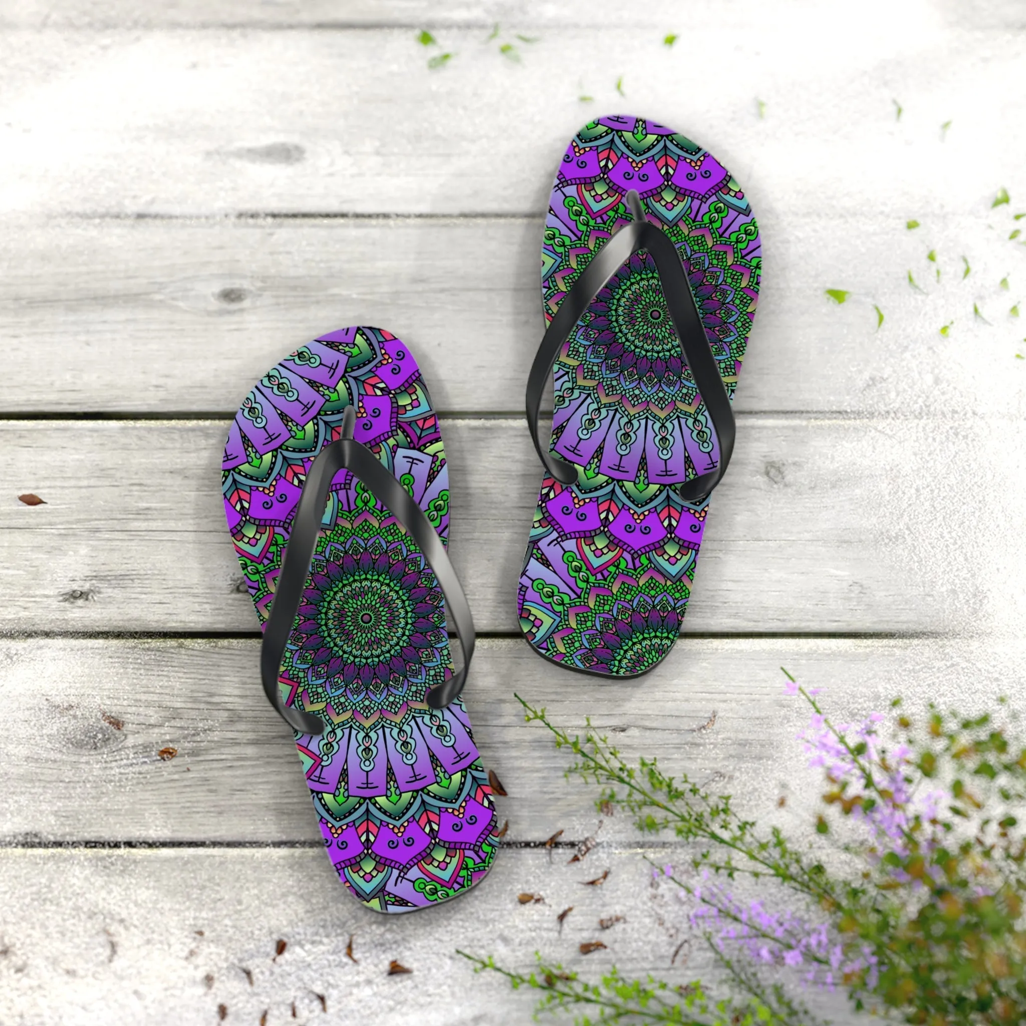 Purple & Green Mandala Flip Flops - Serene Bohemian Style