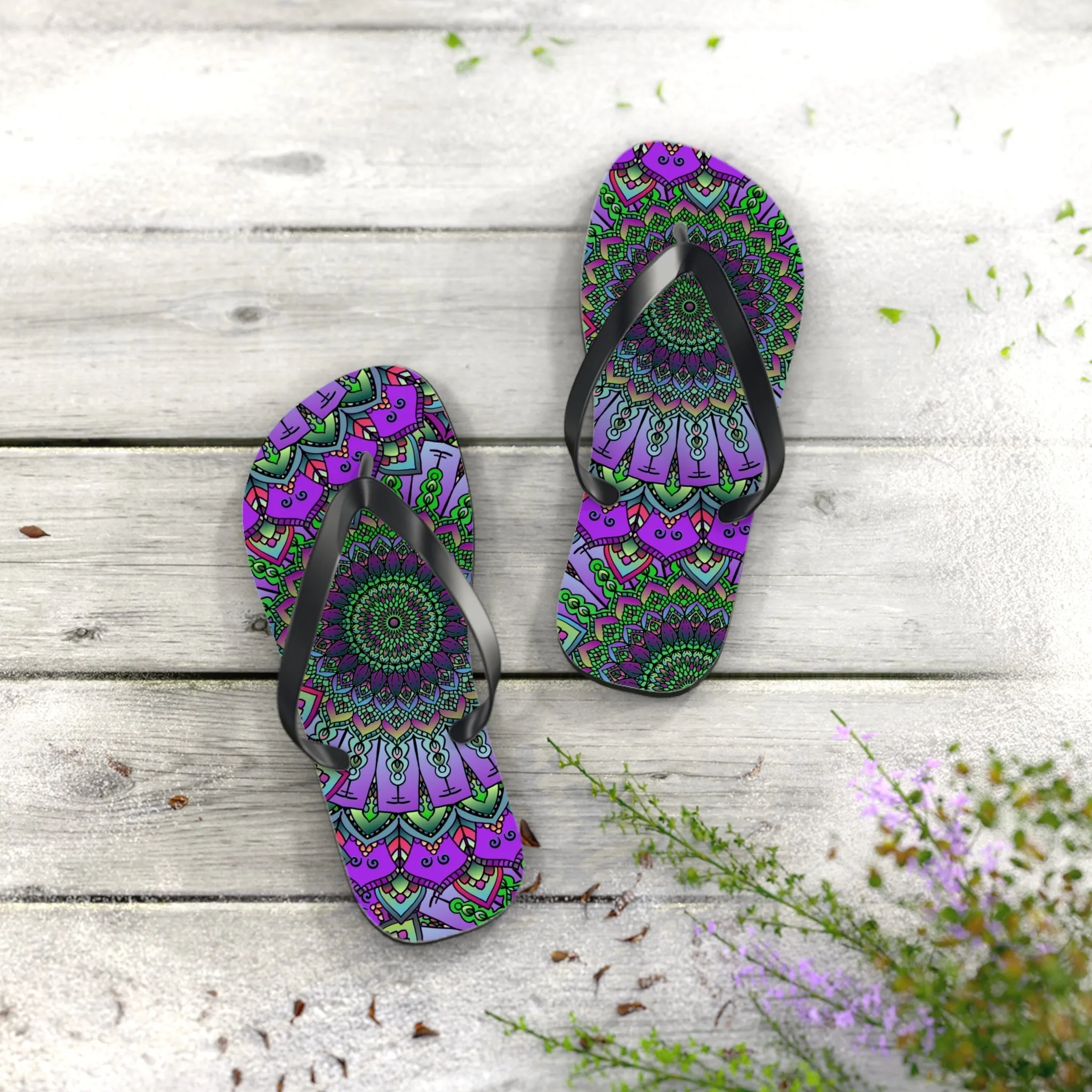 Purple & Green Mandala Flip Flops - Serene Bohemian Style