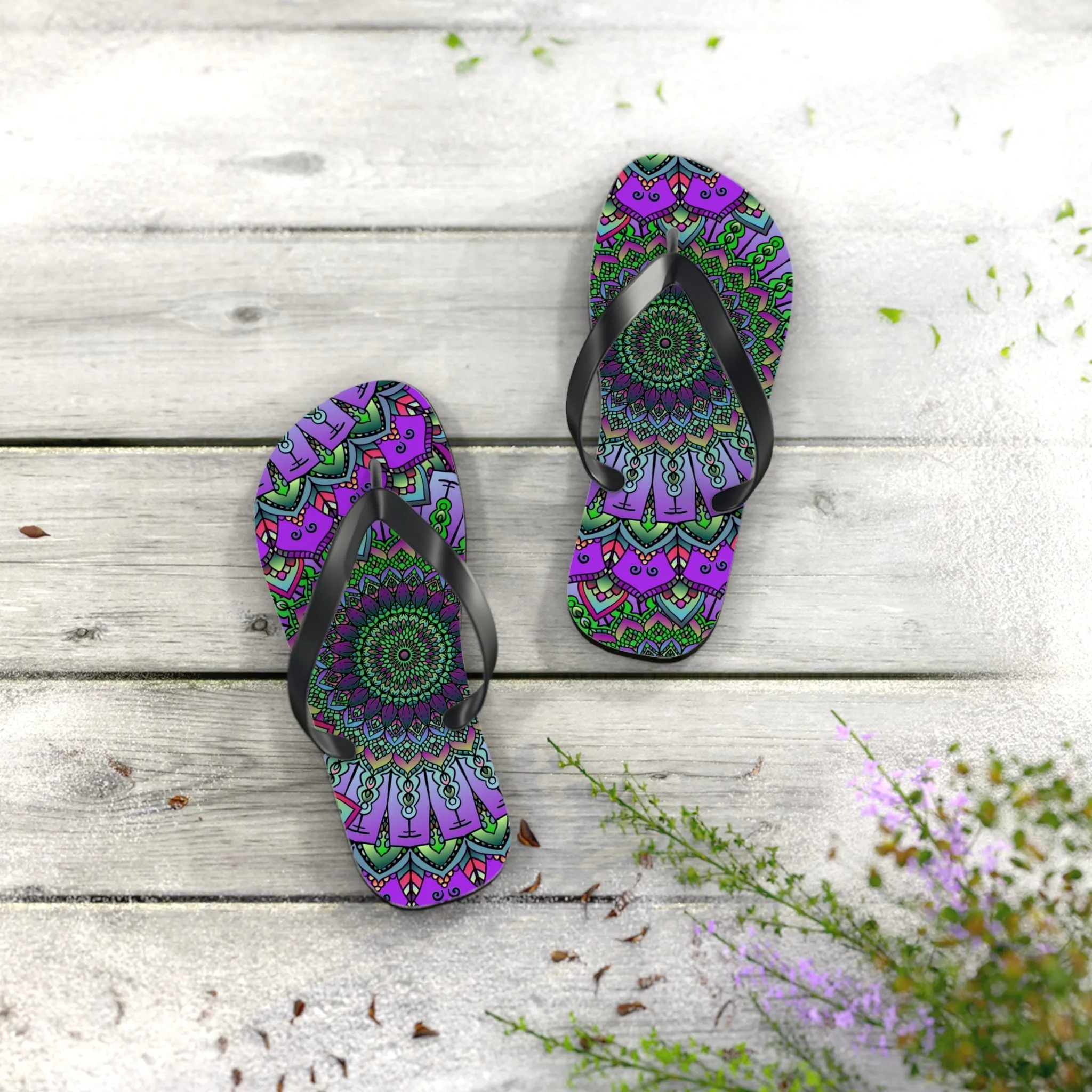 Purple & Green Mandala Flip Flops - Serene Bohemian Style