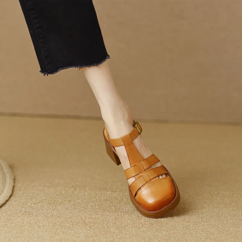 Retro Hollow-out Woven Thick Platform and Chunky Heels Roman Sandals