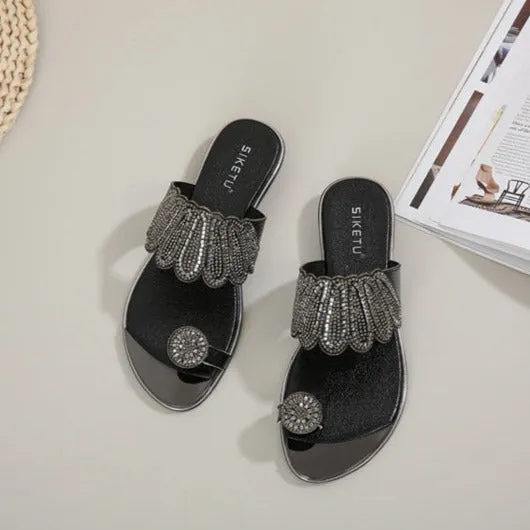 Rhinestone Comfortable Versatile Beach Flat Sandals