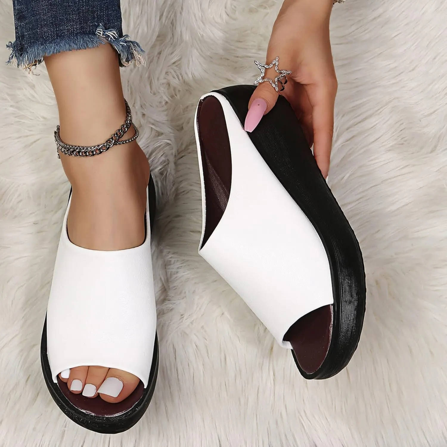 Sandals Women Comfortable Wedge Orthopedic Summer Leather Slides Dressy Platform Heel Arch Support Slip Sandals