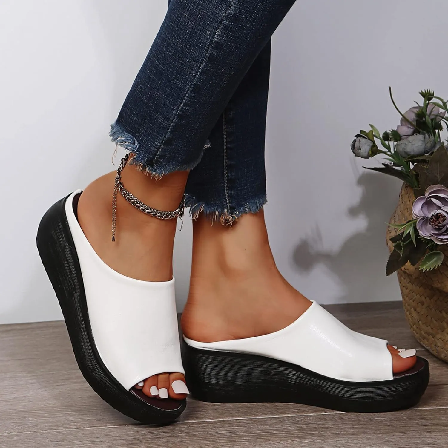 Sandals Women Comfortable Wedge Orthopedic Summer Leather Slides Dressy Platform Heel Arch Support Slip Sandals