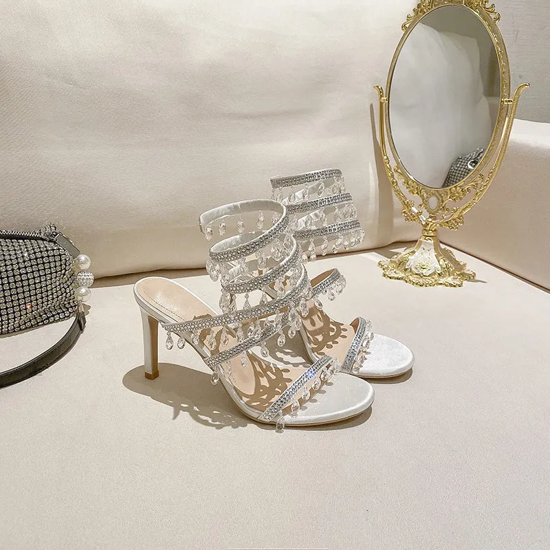 Serpentine Coiled Crystal Pendant French-style High Heel Sandals