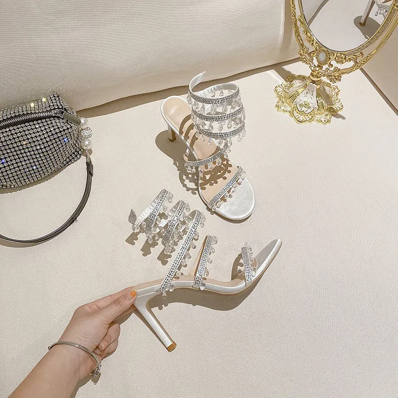 Serpentine Coiled Crystal Pendant French-style High Heel Sandals