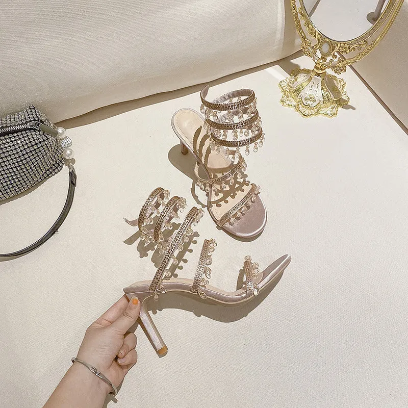 Serpentine Coiled Crystal Pendant French-style High Heel Sandals