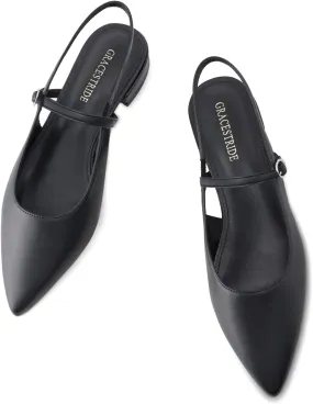 Slingback Flats for Women Mesh Gauze Pointed Toe Low Heels with Buckle Ankle Strap Dress Shoes