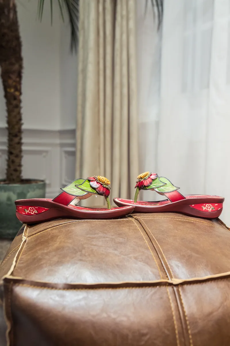 SOFFIA | Genuine Leather Plumeria Appliqued Flip Flop Low Heel Sandals - Red