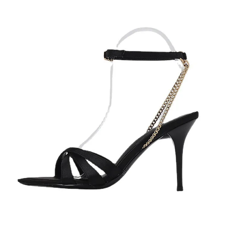 Summer One Strap French Style Plus Size Versatile Black Sandals