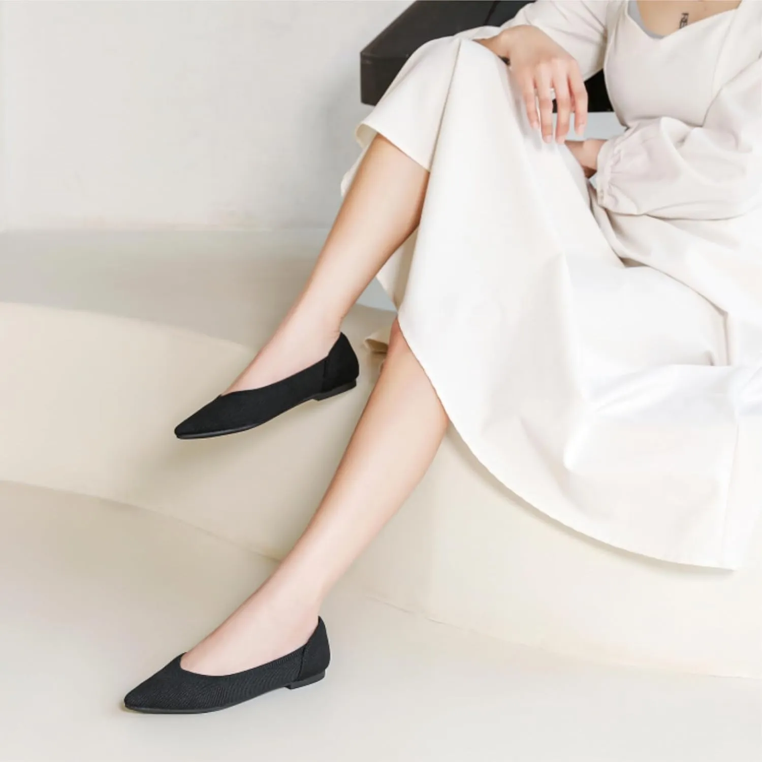 SUNROLAN Casual Ballet Flats for Women Comfortable Knitted Texture Slip on Dress Shoes Pointed-Toe Washable Ballerina Flats 088
