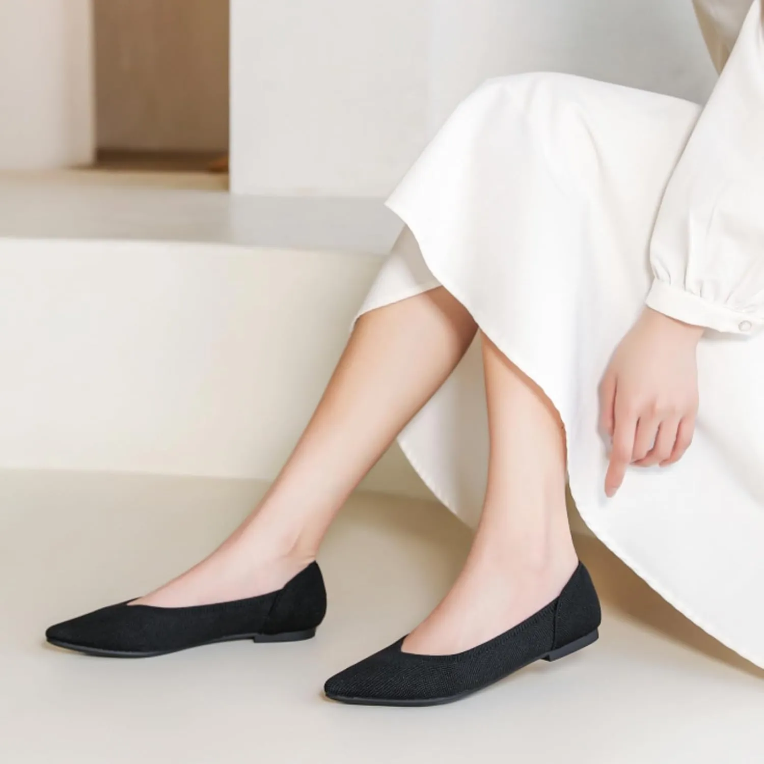SUNROLAN Casual Ballet Flats for Women Comfortable Knitted Texture Slip on Dress Shoes Pointed-Toe Washable Ballerina Flats 088
