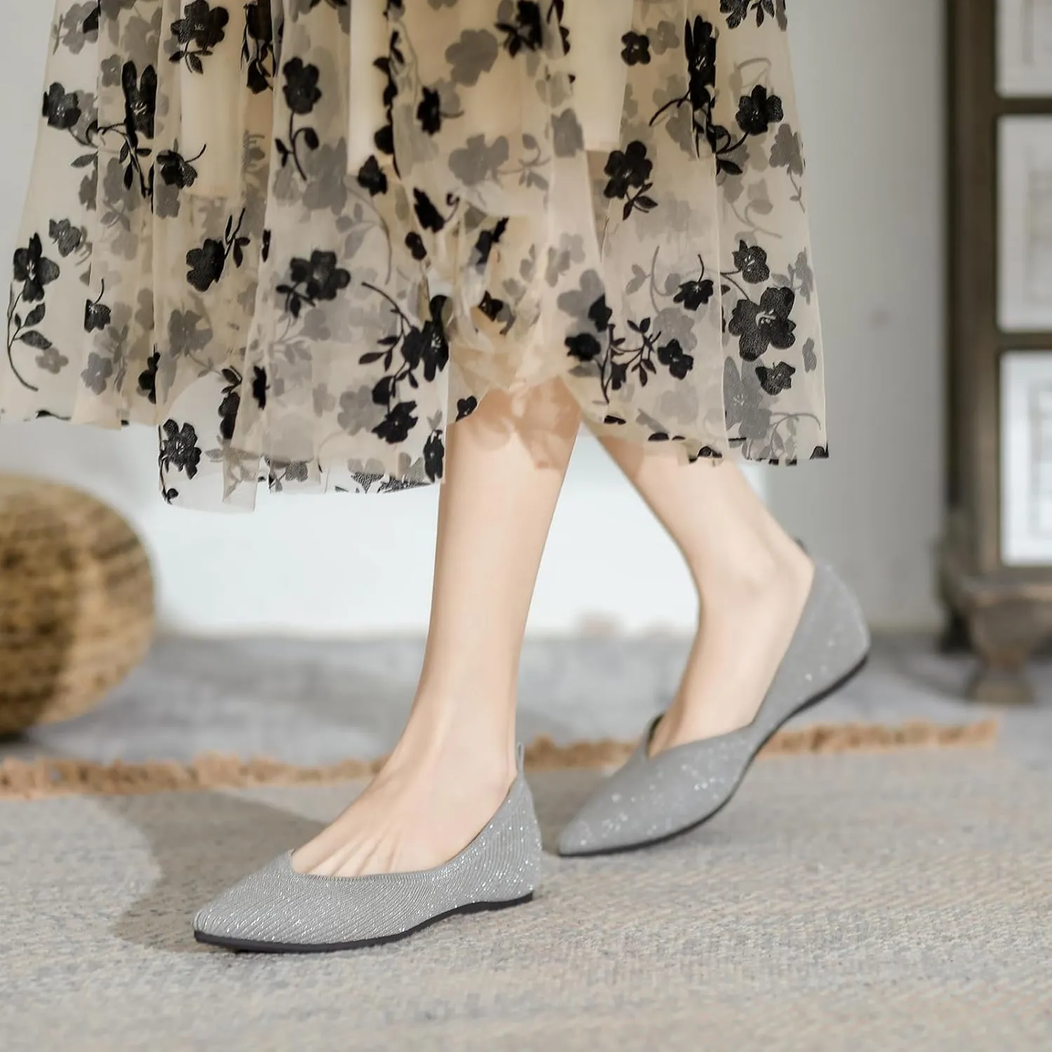 SUNROLAN Casual Ballet Flats for Women Comfortable Knitted Texture Slip on Dress Shoes Pointed-Toe Washable Ballerina Flats