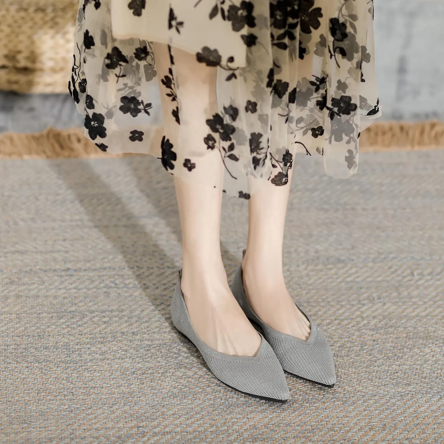 SUNROLAN Casual Ballet Flats for Women Comfortable Knitted Texture Slip on Dress Shoes Pointed-Toe Washable Ballerina Flats