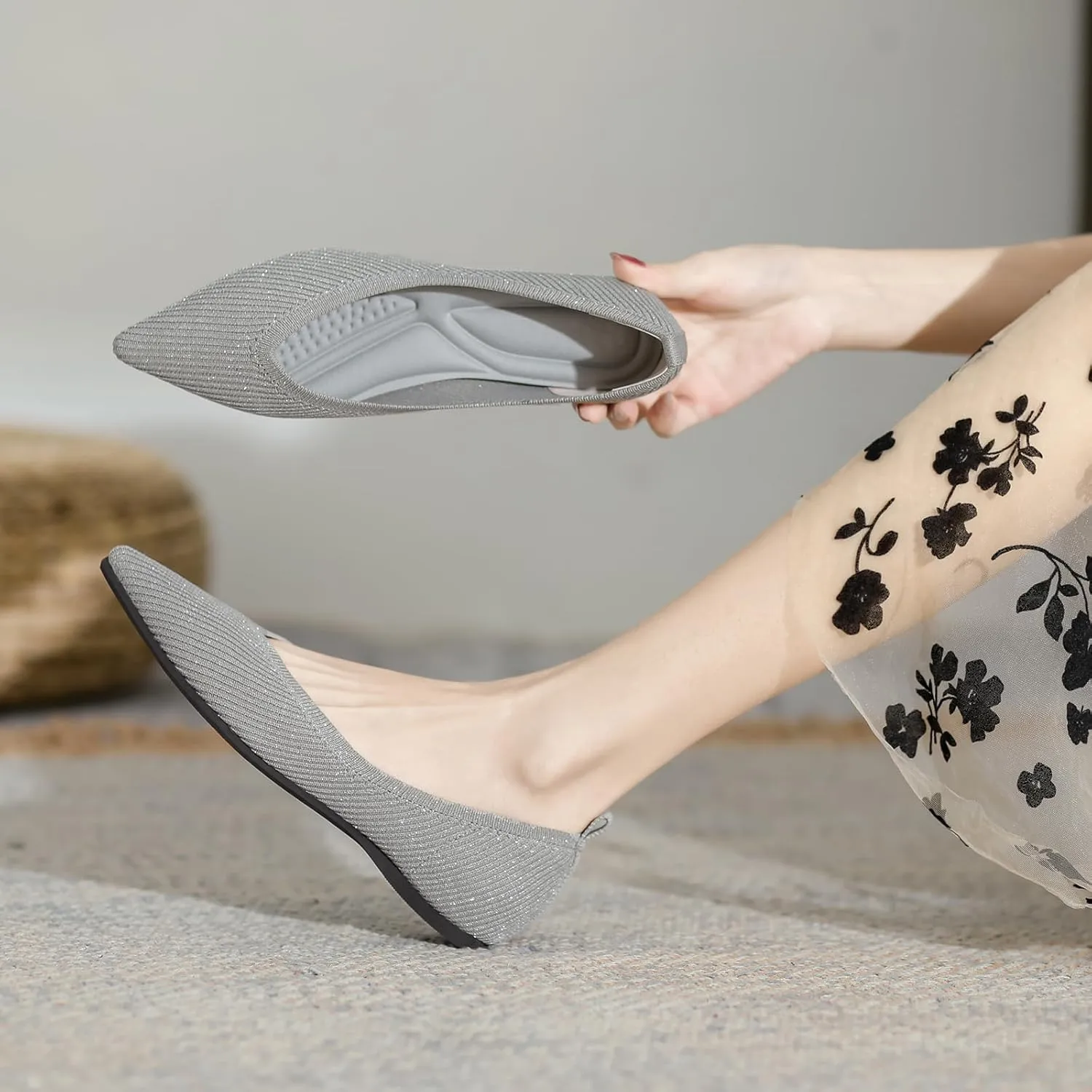 SUNROLAN Casual Ballet Flats for Women Comfortable Knitted Texture Slip on Dress Shoes Pointed-Toe Washable Ballerina Flats
