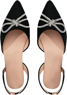 SweatyRocks Women's Rhinestone Pointed Toe Flats Sparkly Bow Decor Flats Dress Shoes