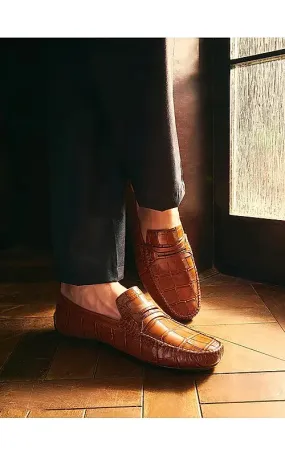 Tan Croco Textured Moccasins