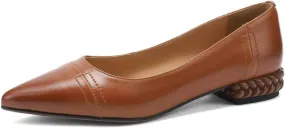 TinaCus Women's Genuine Leather Simple Pointed Toe Handmade Chunky Heel Work Flats Shoes