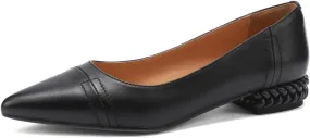 TinaCus Women's Genuine Leather Simple Pointed Toe Handmade Chunky Heel Work Flats Shoes