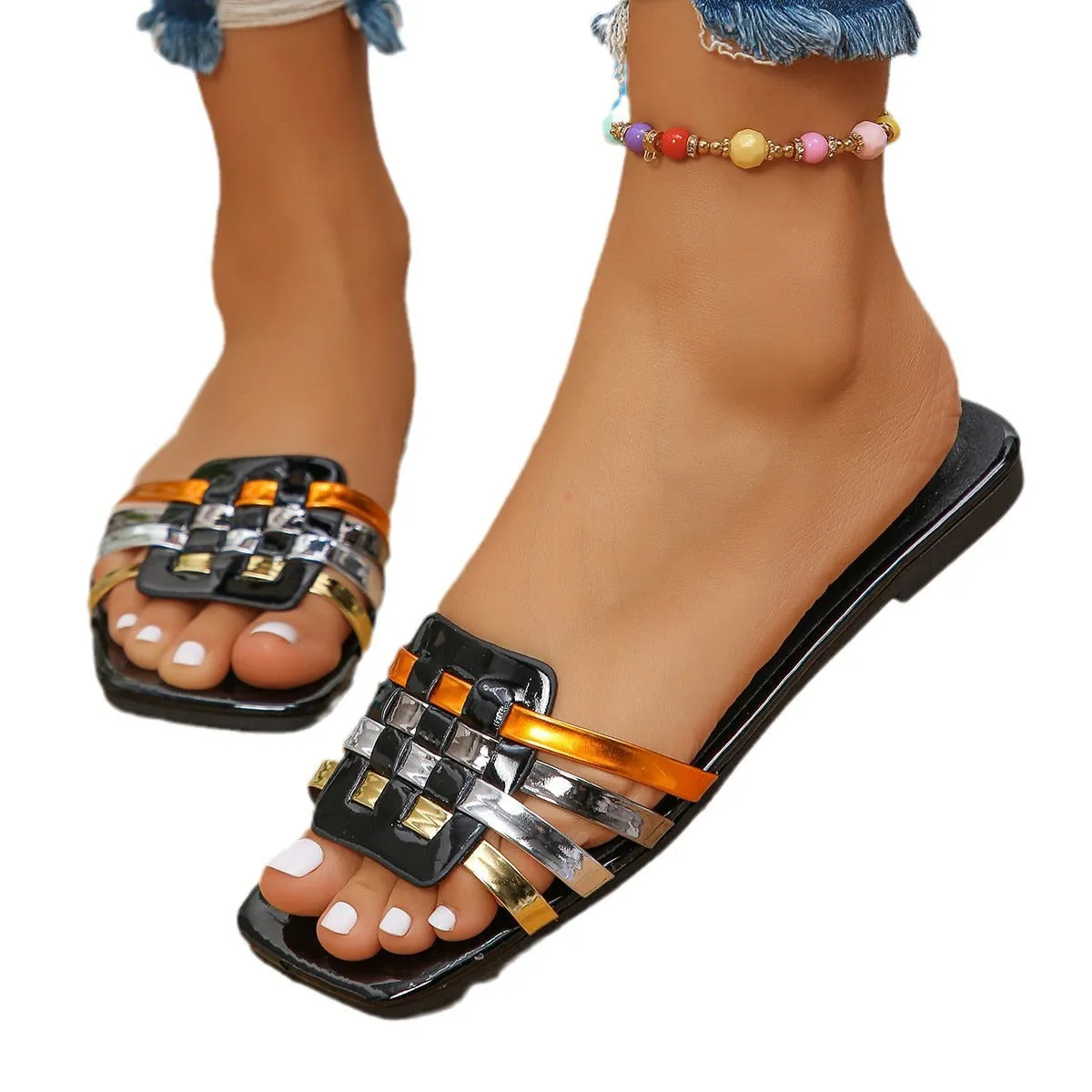 Wholesale Color Woven Casual Off -toe Versatile Flat Slippers